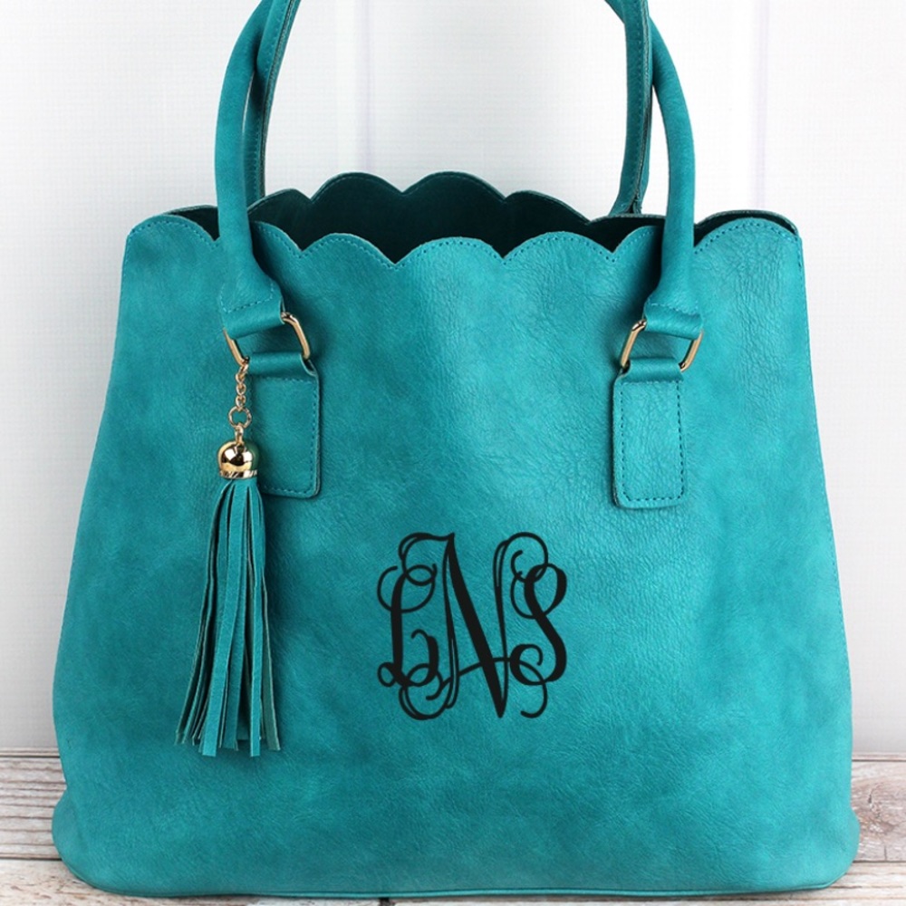 TURQUOISE FAUX LEATHER SCALLOPED TOTE - Picture 2 of 2